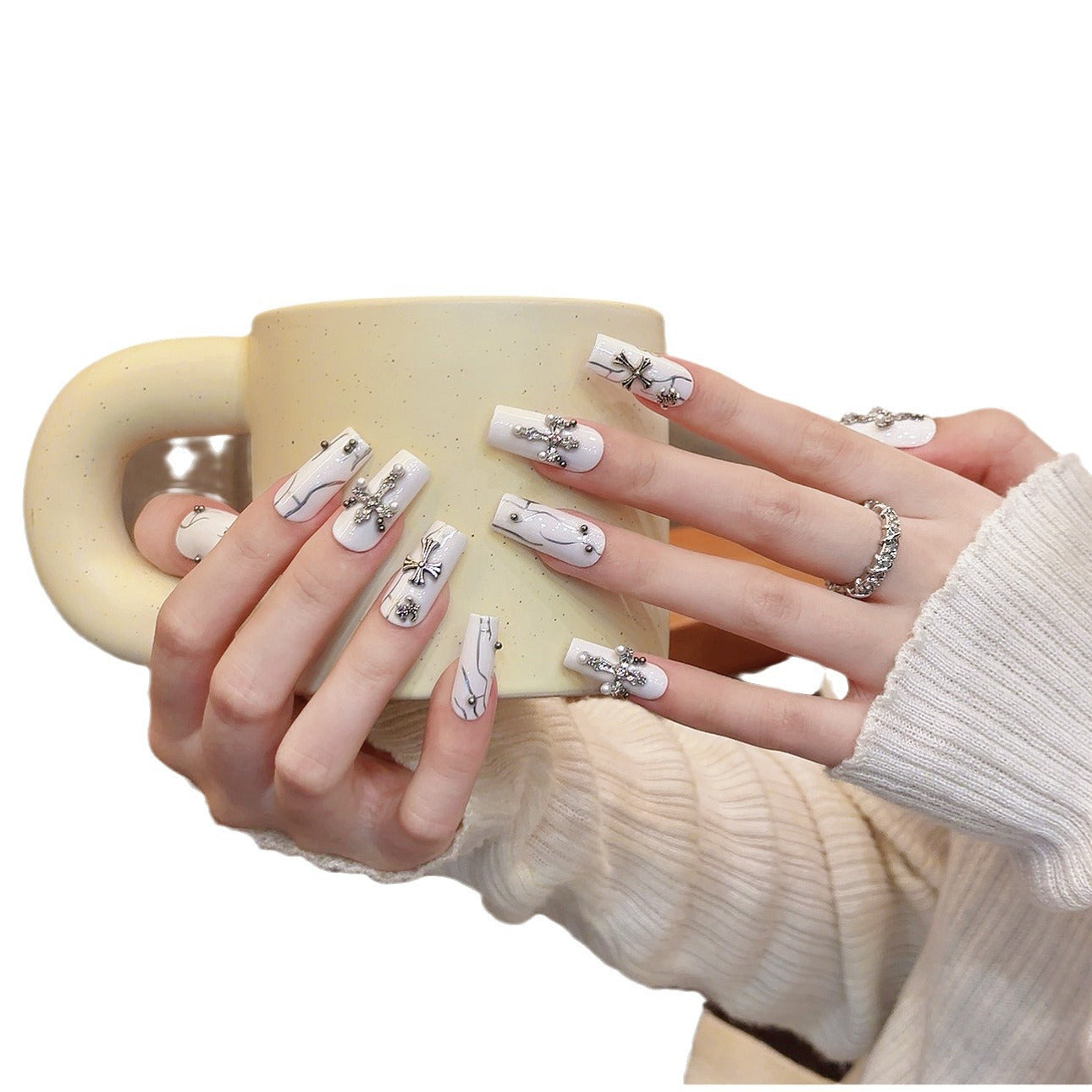 Unhas de guerra, brancas, retangulares, cruz colada, diamante, bola de aço, pintadas à mão, nicho, Spice Girl, unhas postiças, unhas postiças artesanais, arte removível | 365nails