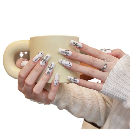 War nails White Rectangular Cross Sticked Diamond Steel Ball Hand Painted Niche Spice Girl press-on nails handmade press on nails Art Removable | 365nails