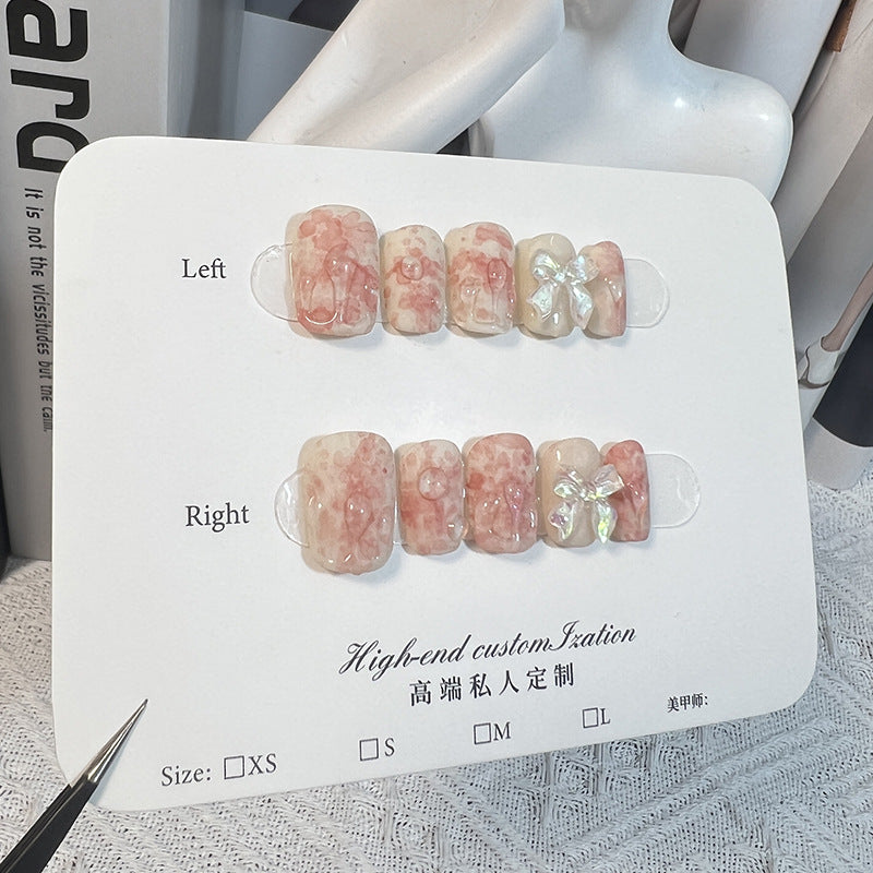 Watercolor smudge sweet and cute bow short manicure patch fake nails small fresh Handmade press on nails wholesale｜365nails