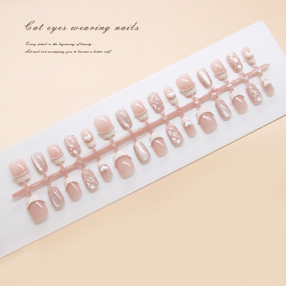 Nail Tips  prefabricated nail French press on nails Sweet love Chasing light cat eye nail Short T Nail art patch Diamond ｜365nails
