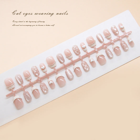 Nail Tips  prefabricated nail French press on nails Sweet love Chasing light cat eye nail Short T Nail art patch Diamond ｜365nails