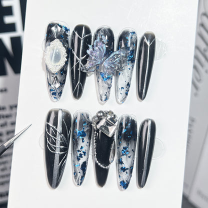 Handmade press on nails Dark Night Butterfly Mysterious Atmosphere Shattered Creative Hand-painted Nail Art Finished Patch｜365nails