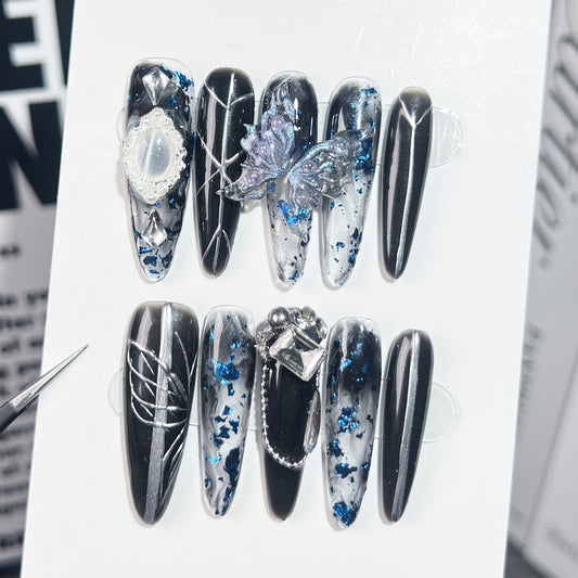 Handmade press on nails Dark Night Butterfly Mysterious Atmosphere Shattered Creative Hand-painted Nail Art Finished Patch｜365nails