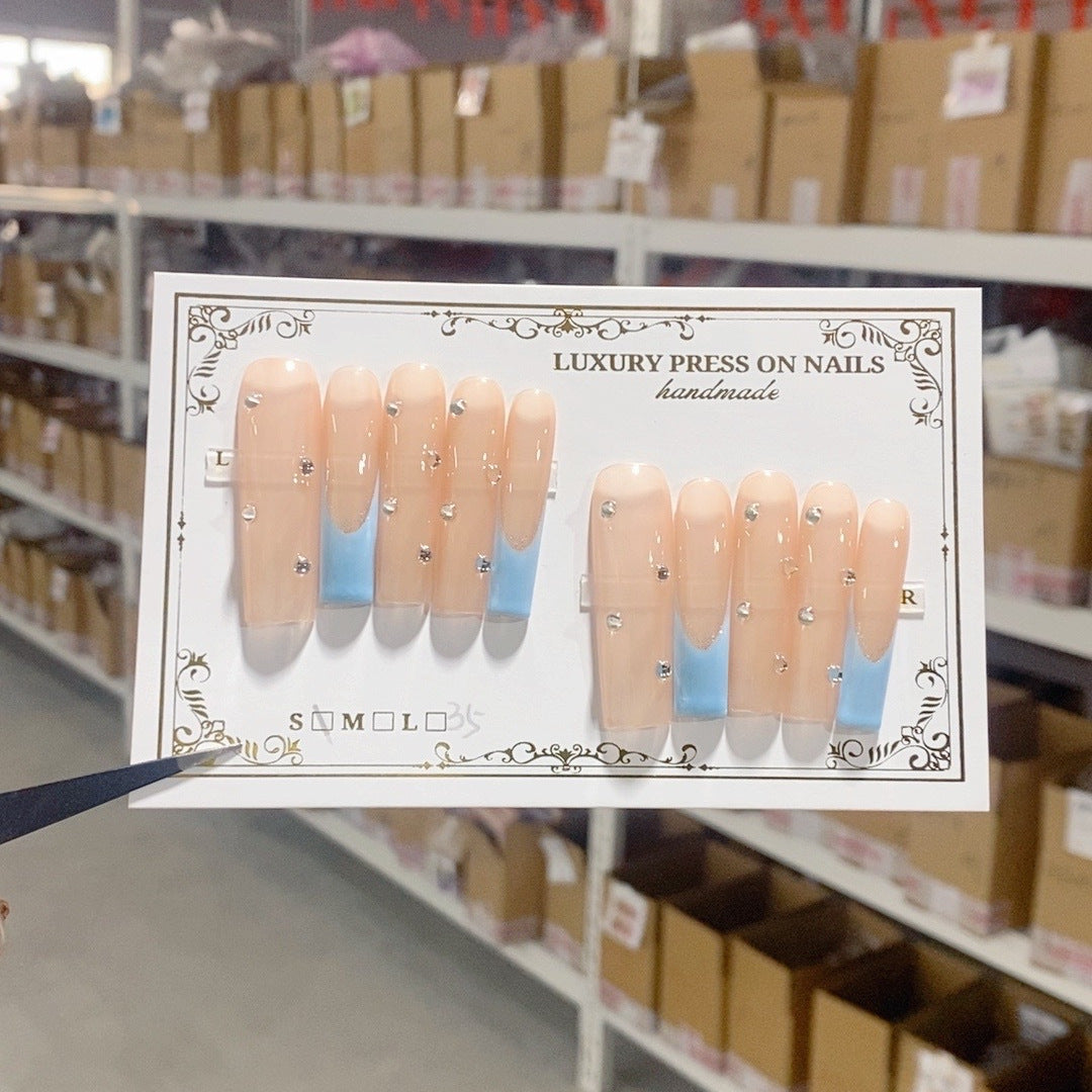 Nude Blue Minimal Crystal Accent Press On Nails