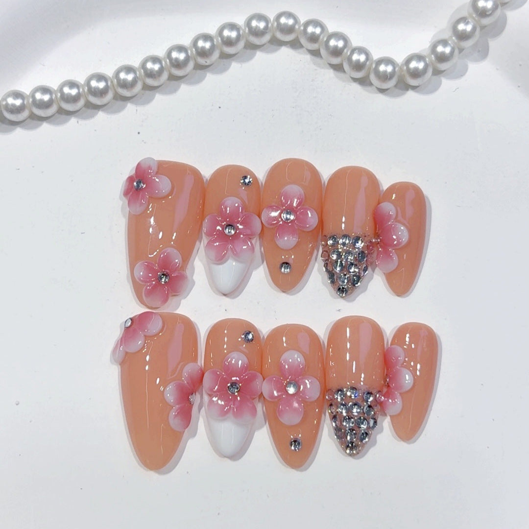 Éclat Sakura : "Floraison Rose" – Ongles press-on fait main forme amande mi-long