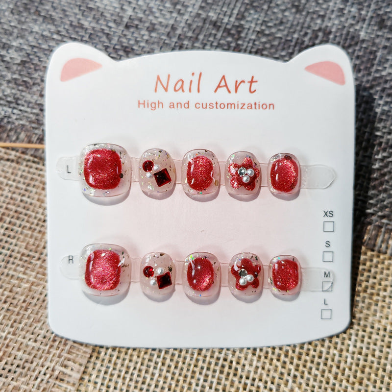 365nails：「紅寶石亮粉浪漫」— 手工製可愛短款橢圓形穿戴甲（寶石與花朵圖案）