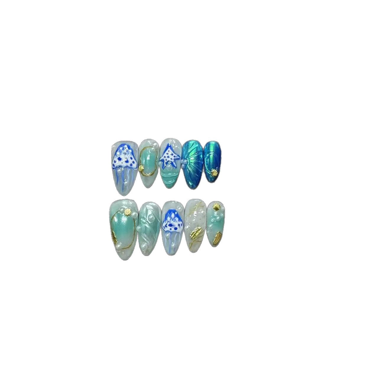 365nails: "Aqua Treasure" – 3D Seashell & Gold Leaf Handmade Stiletto Nails