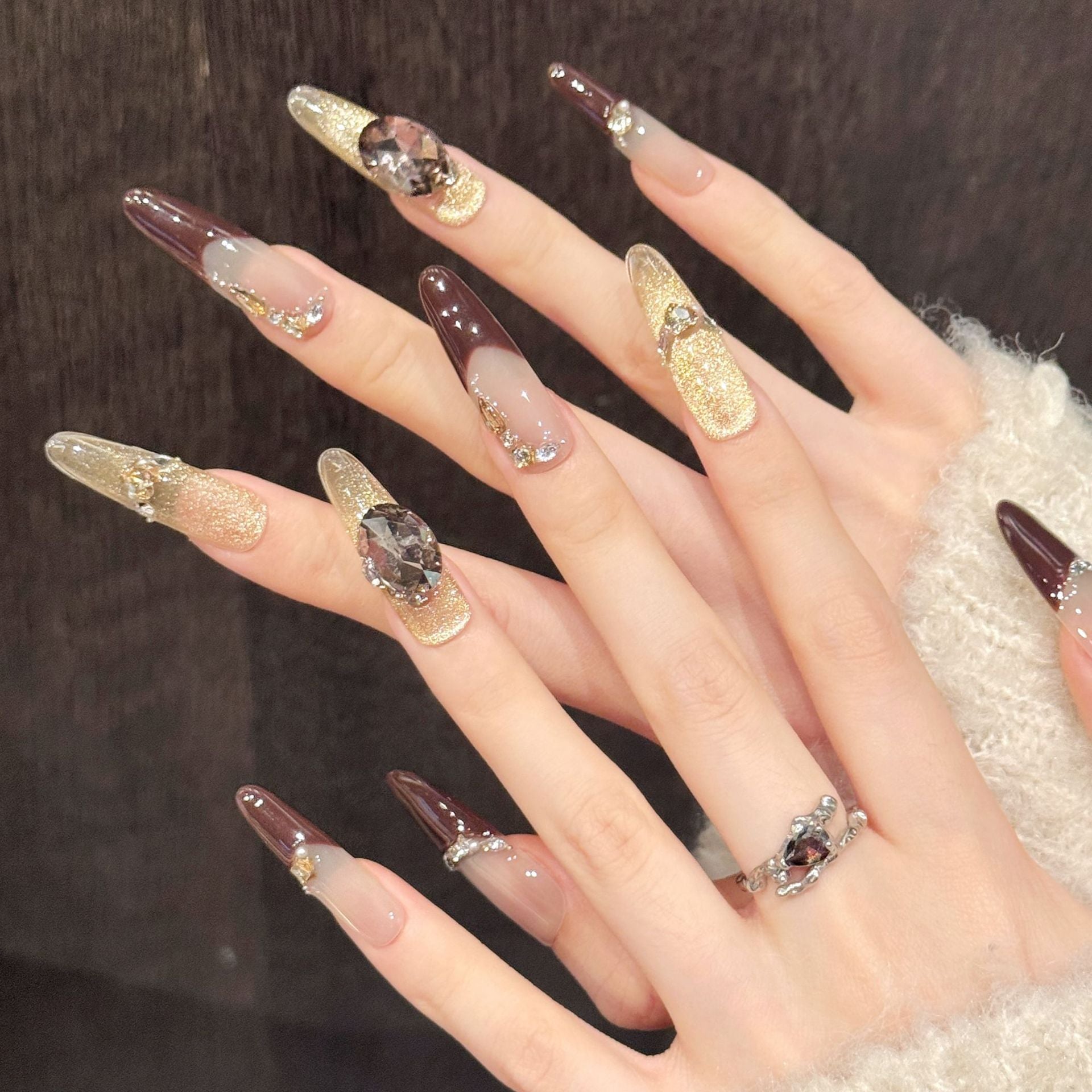 365nails: "Midnight Mocha" – Gold Leaf & Gemstone Handmade Coffin Nails