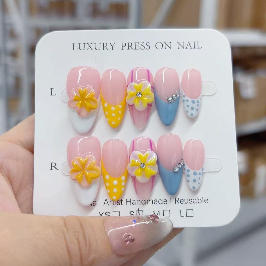 Sweet Pastel: "Rainbow Floral Dots" – Postiças Feitas à Mão, Amêndoa Média, Multicoloridas