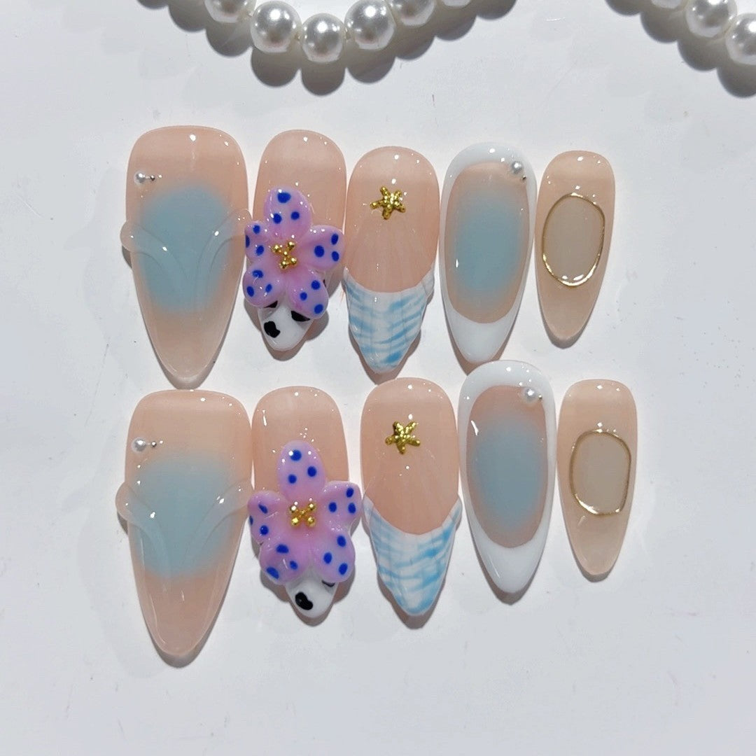 365nails-Beach Breeze：「海洋花卉」— 杏仁形 手工製 3D 雕刻 穿戴甲