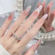 365nails-Ethereal Sheer: "Butterfly Carved" – Long Stiletto French Ombre Handmade Nails