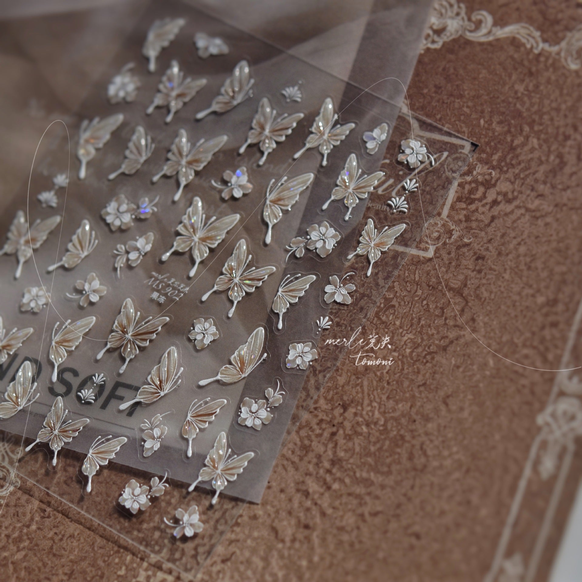 Ivory Butterfly & Flower Collection: "Ethereal Grace" – 3D Embossed Nail Sticker