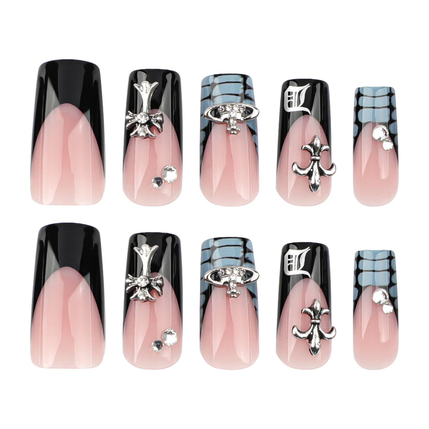 Unhas postiças francesas pretas com padrão de crocodilo, remendo de unha em forma de cruz, remendo de unha quadrado, 365nails