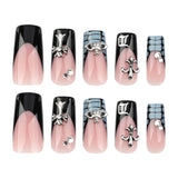 Unhas postiças francesas pretas com padrão de crocodilo, remendo de unha em forma de cruz, remendo de unha quadrado, 365nails