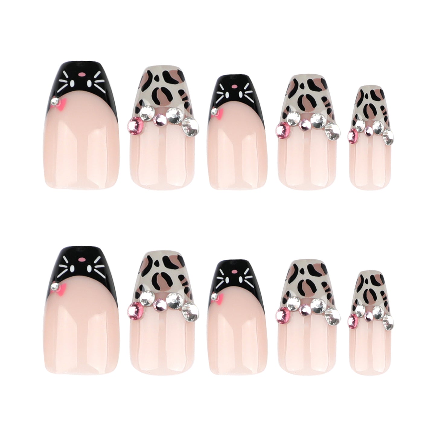 Sweet and cool French leopard print short ballet manicure flash diamond flash manicure fake nail  hot-selling wearable nail piece｜365nails