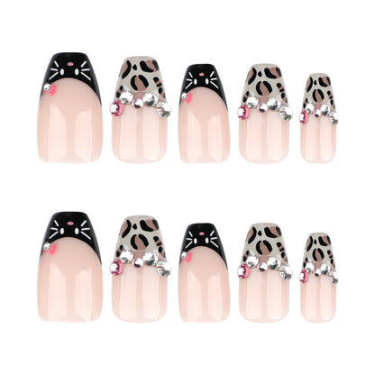 Sweet and cool French leopard print short ballet manicure flash diamond flash manicure fake nail  hot-selling wearable nail piece｜365nails