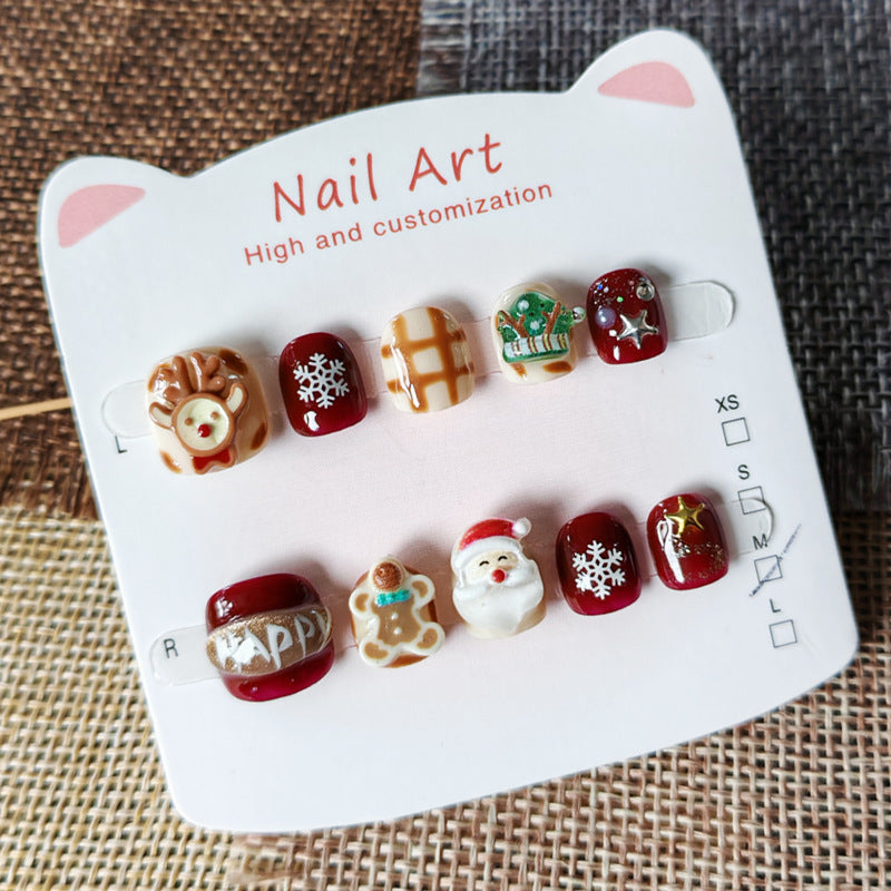 365nails-Christmas Kids Series: "節日聖誕老人與馴鹿" – 短款方形兒童穿戴甲