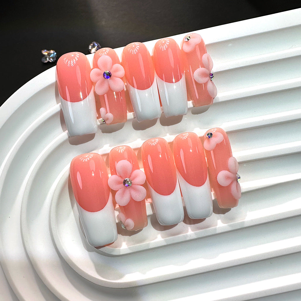 Peach French Floral Soft Gloss Elegant Press On Nails
