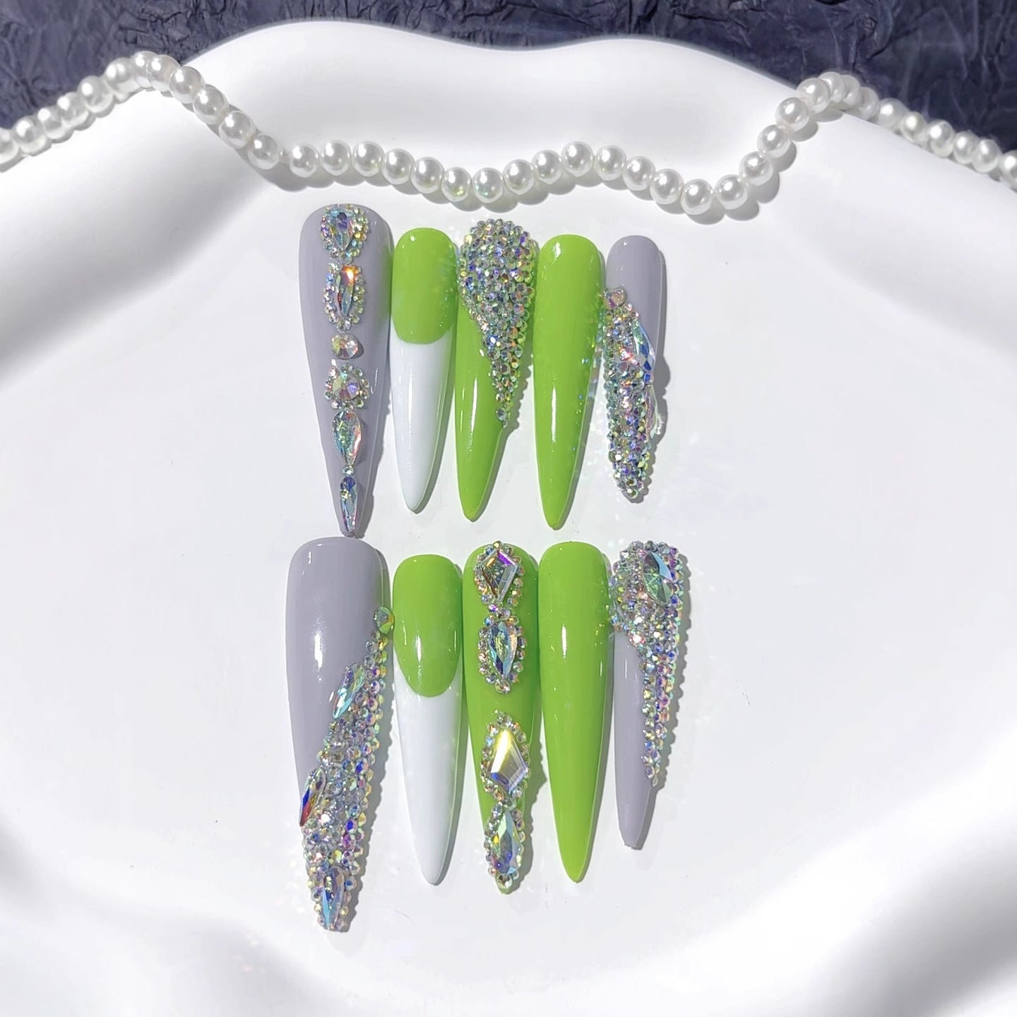 Neon Green Rhinestone Extra Long Press On Nails