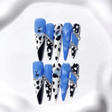 Blue Cow Print Cute Bear Statement Press On Nails