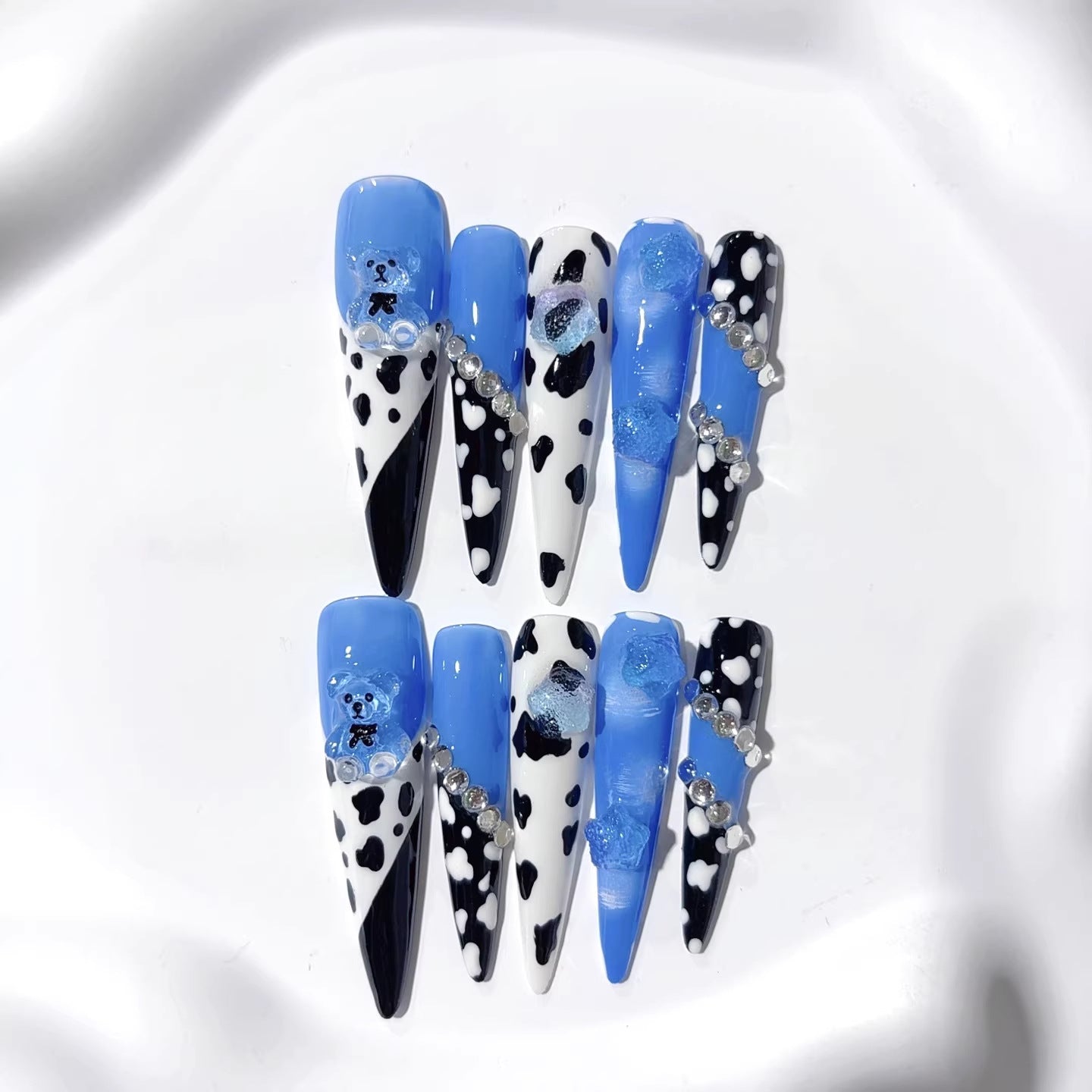 Blue Cow Print Cute Bear Statement Press On Nails
