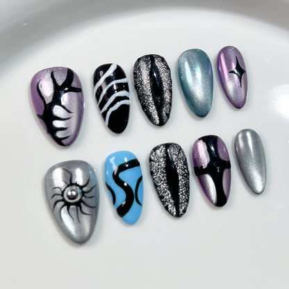 Handmade press-on nails  cat eye hand-painted short nail patch   almond nail｜365nails
