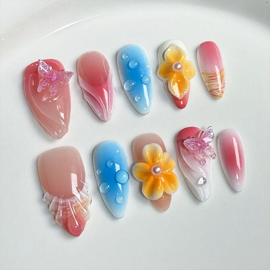 Unhas postiças artesanais 3D tridimensional escultura gelo penetrante remendo de unha francesa amêndoa atacado ｜ 365nails