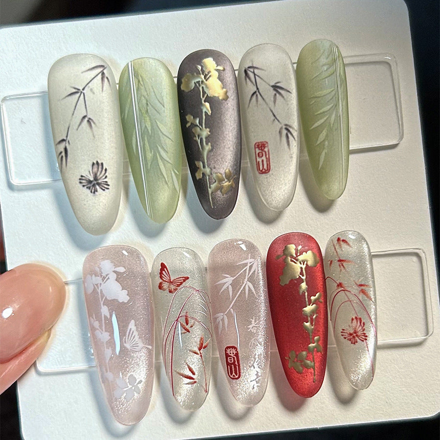 金色竹子與熊貓: "東方寧靜" – 5D金屬美甲貼紙