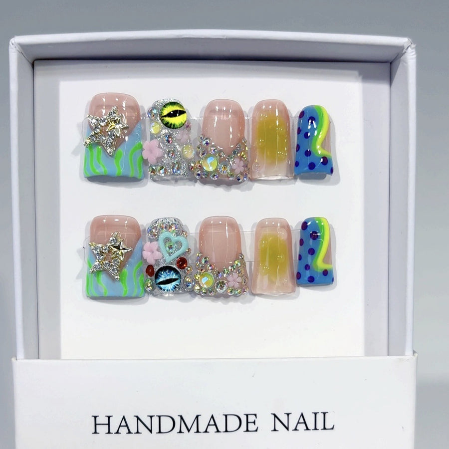 Y2K Ocean Dream: "Neon Tide" – Almond Press-On Nails