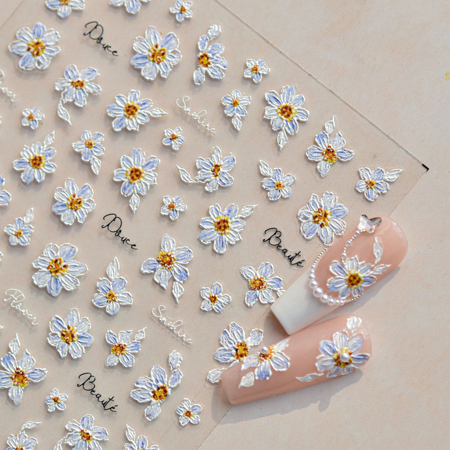 Daisy & Script: "Pure White Bloom" – 5D Embossed Nail Sticker