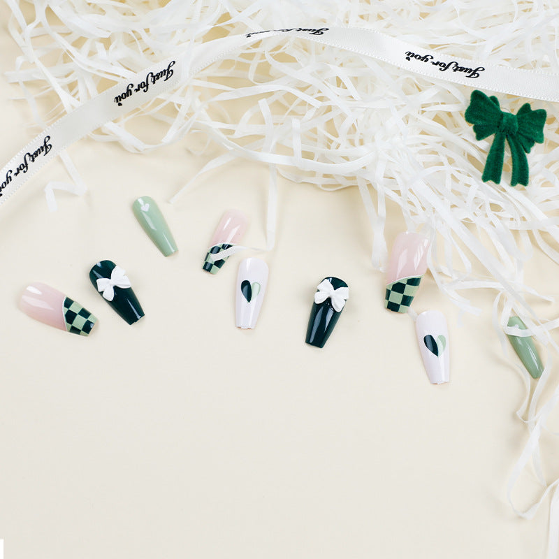 Press onable nails Art  Matcha Chessboard nails Art Whitening nails  Press onable nails Art Wholesale nails｜365nails