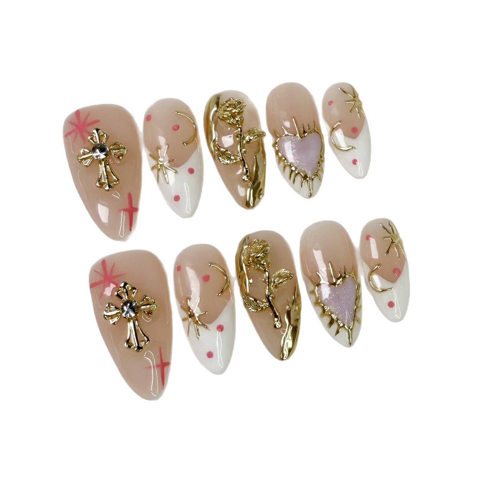Ice through  almond nail art French hand-painted metal relief white handmade press-on nails｜365nails