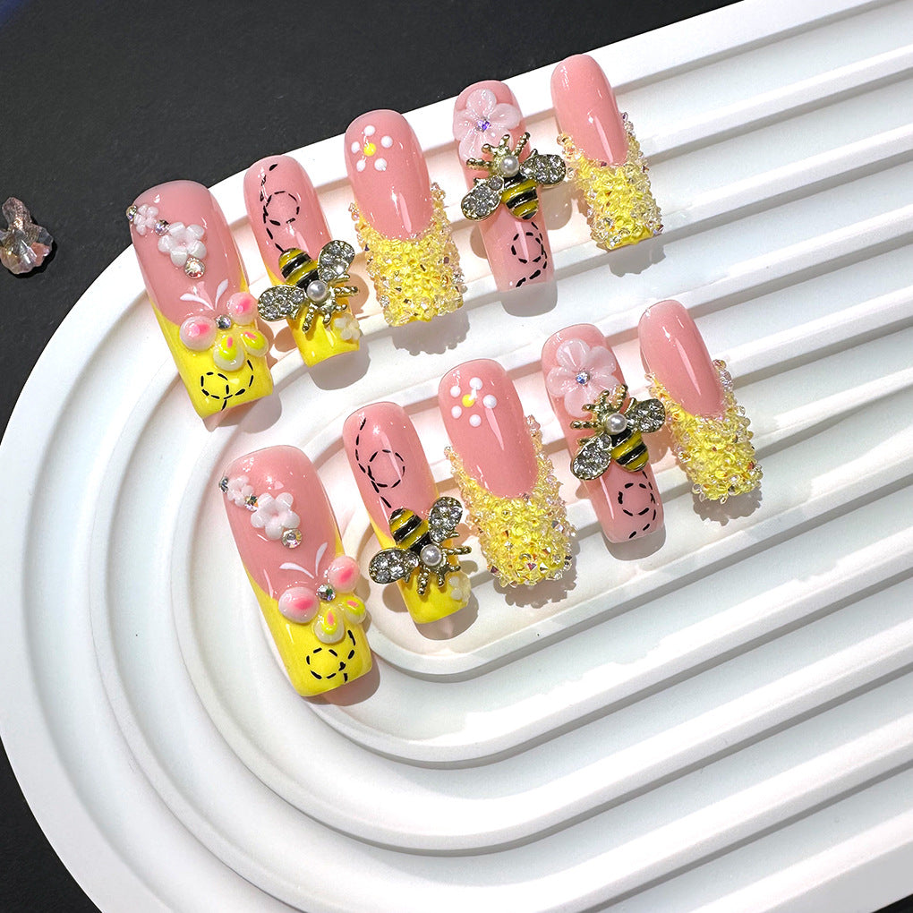 Honey Bee Floral Sweet Crystal Press On Nails
