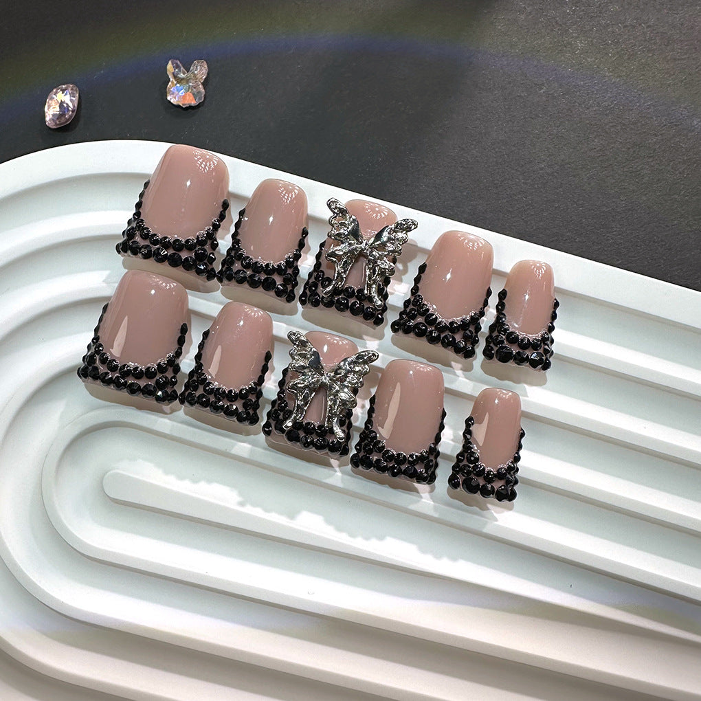 Black Beaded Butterfly Duckbill Press On Nails