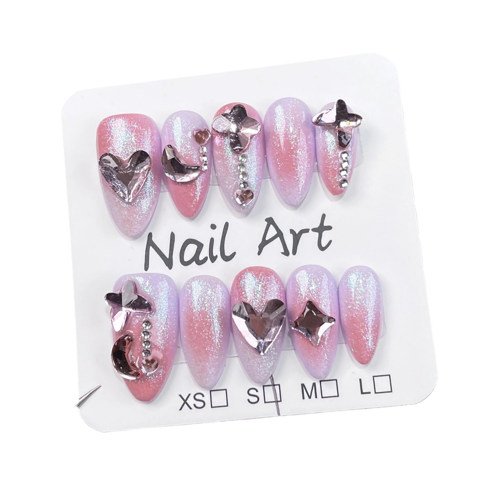 Soft Sparkle Gradient Nails with Irregular Chrome Heart Accents