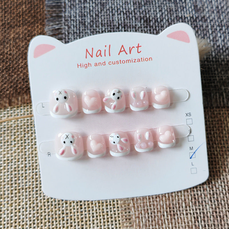 365nails: 水蜜桃法式小兔 – 短款 圓形 手工製 兒童穿戴甲