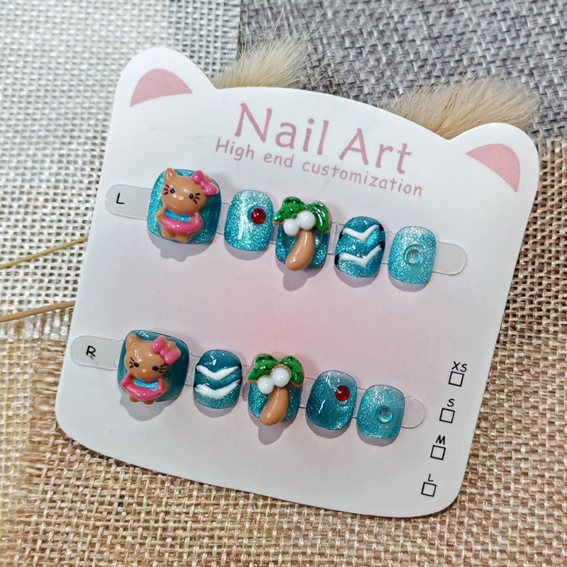 365nails：「夏威夷假期小貓」—短款寬版手工製兒童穿戴甲