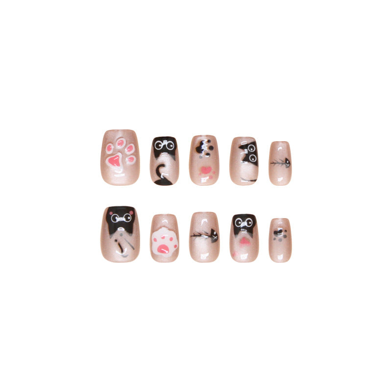 Pontas de unha pré-fabricadas, unhas postiças, gatinho fofo removível, pedaço de unha olho de gato que persegue a luz, remendo de unha curto em T｜365nails