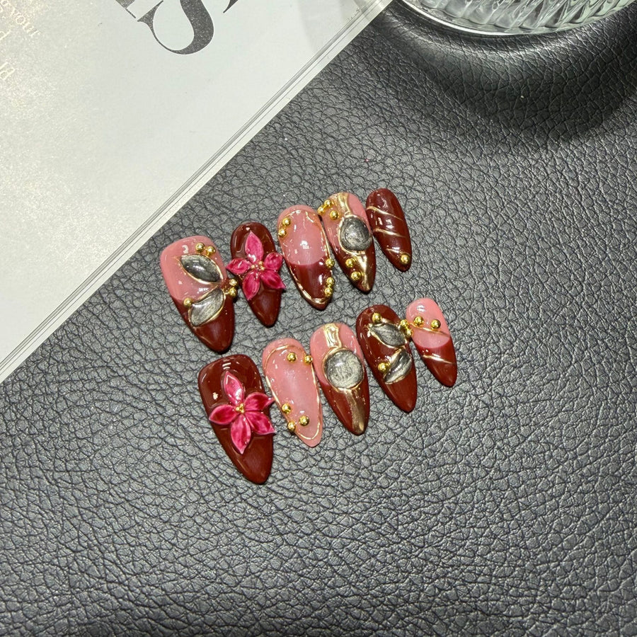365nails: "Autumn Reverie" – 3D Floral & Gold Leaf Handmade Stiletto Nails