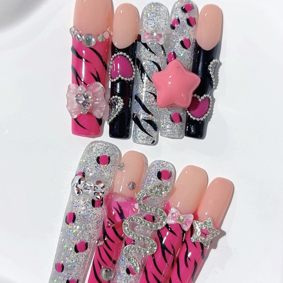 Pink Glitter Zebra Star Press On Nail Set