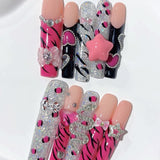 Pink Glitter Zebra Star Press On Nail Set