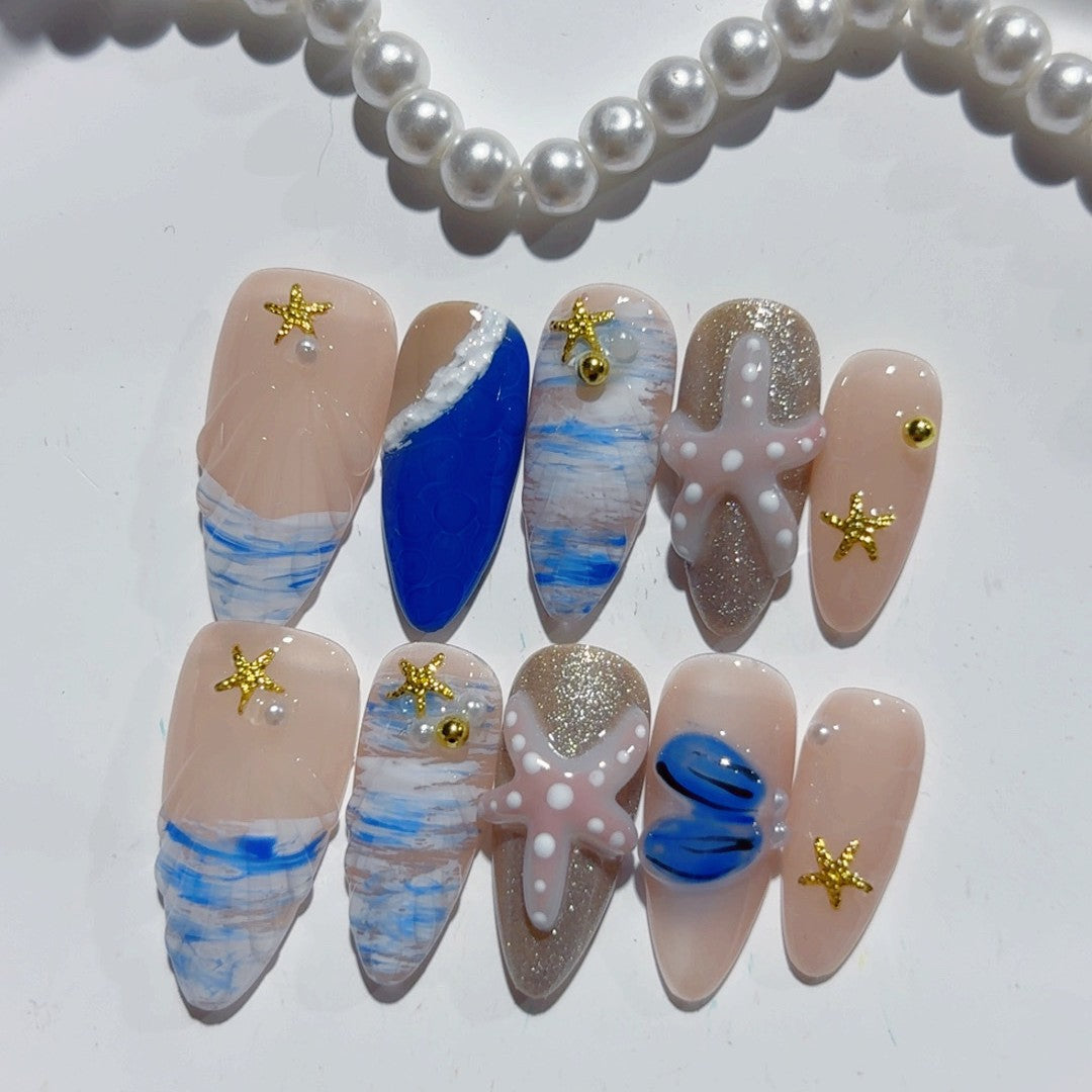 365nails 海岸逃逸：「貝殼海星」— 杏仁形手工製3D雕刻穿戴甲