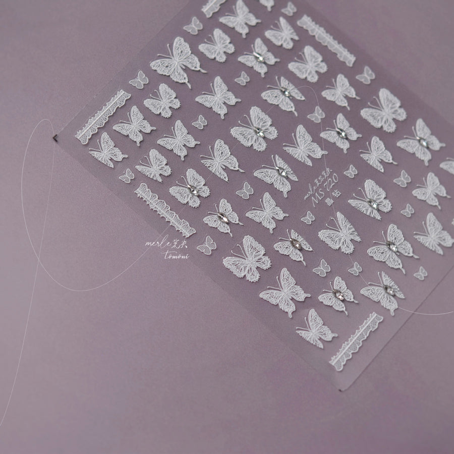 White Crystal Butterfly & Lace: "Ethereal White Butterfly" – 5D Embossed Nail Sticker