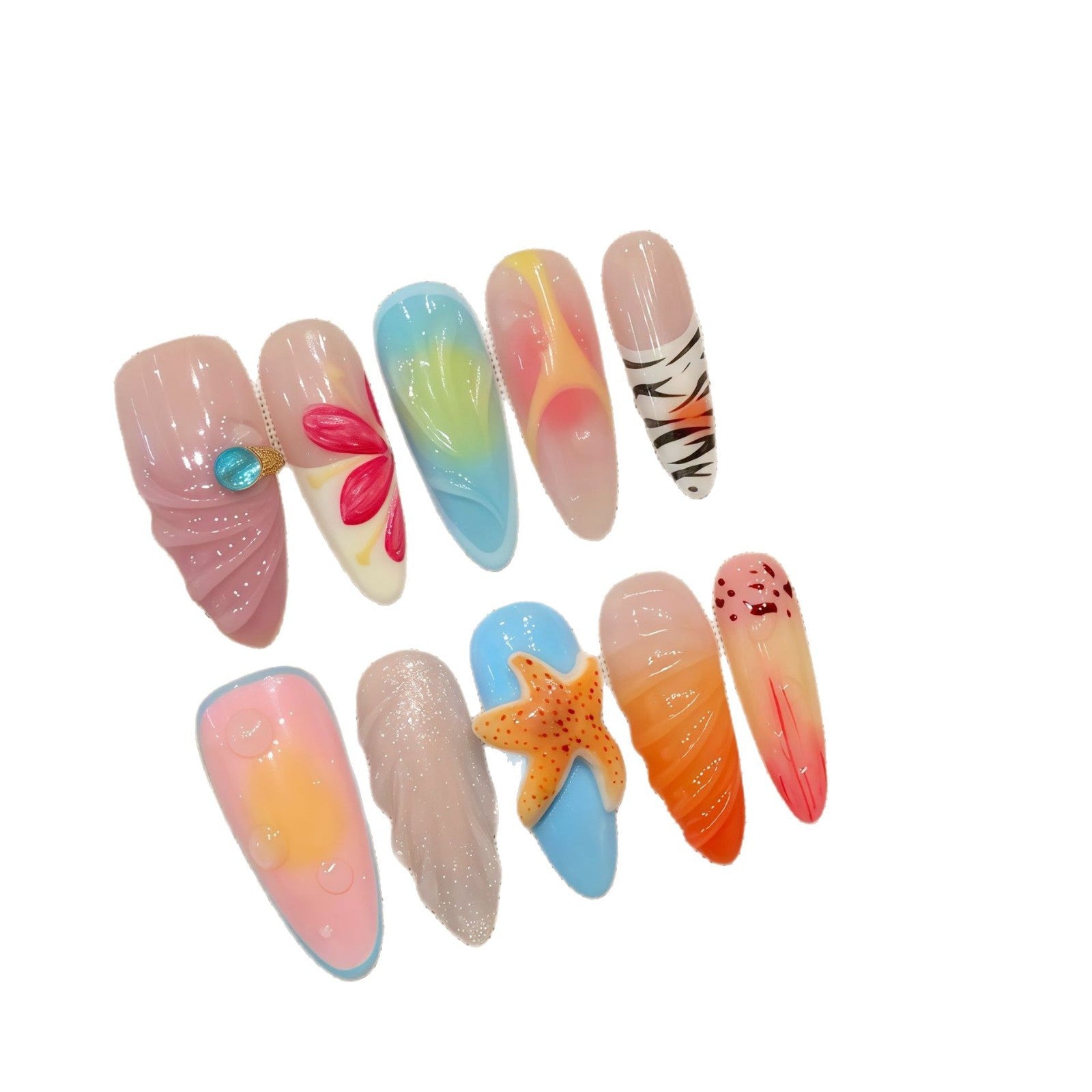island vacation style wearing three-dimensional starfish fake nails Epoxy shell hand pinching flowers | 365nails