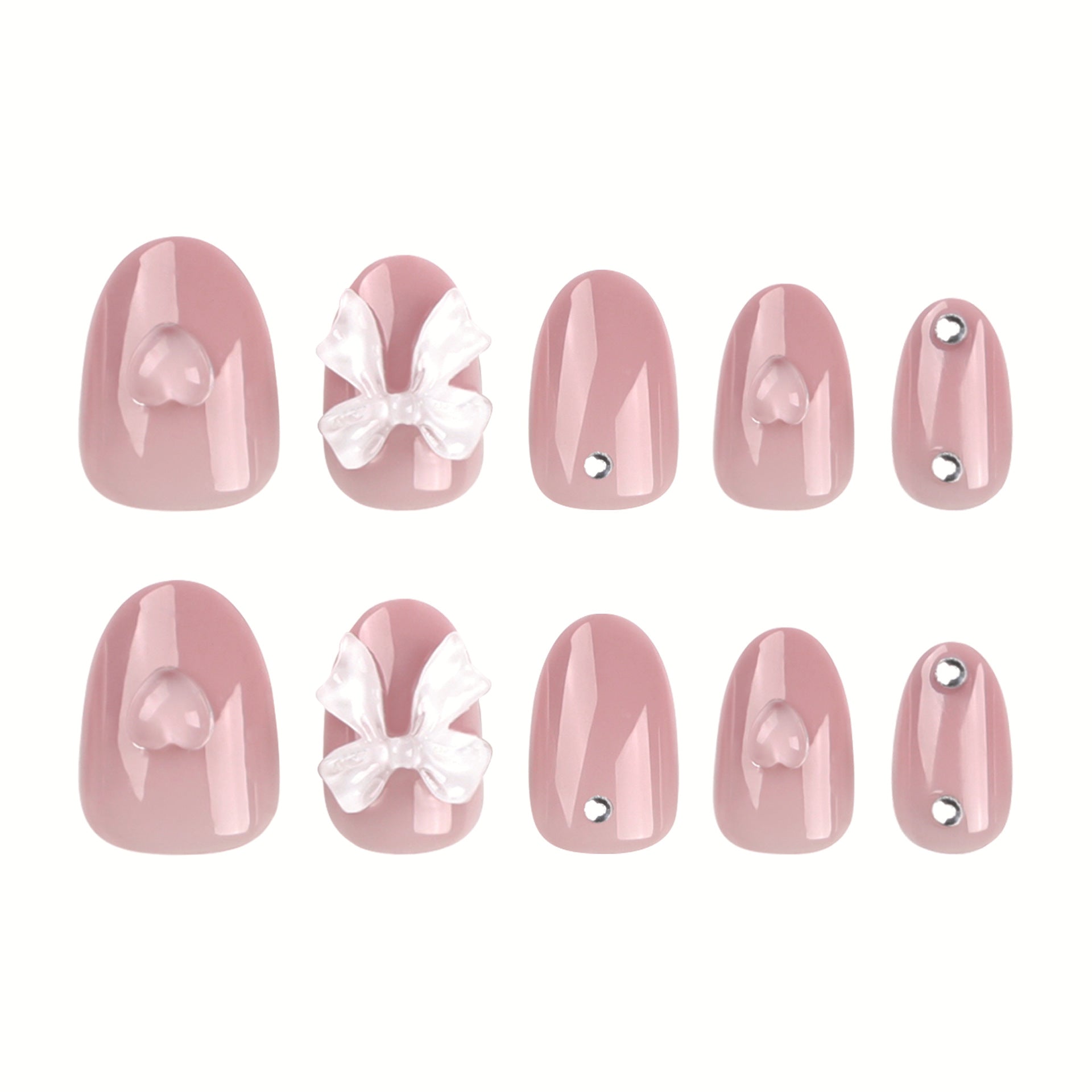 Naked pink solid color  white bow love manicure  removable fake nail wholesale｜365nails