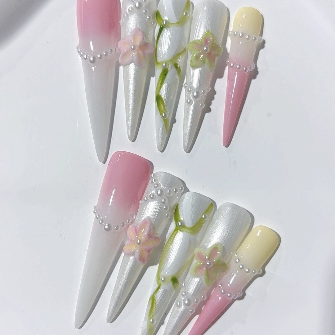 Soft Pearl Floral Extra Long Press On Nails