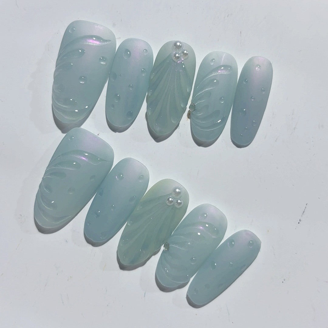 365nails-翡翠寧靜：「霧葉」— 杏仁形 手工製 3D雕刻 穿戴甲