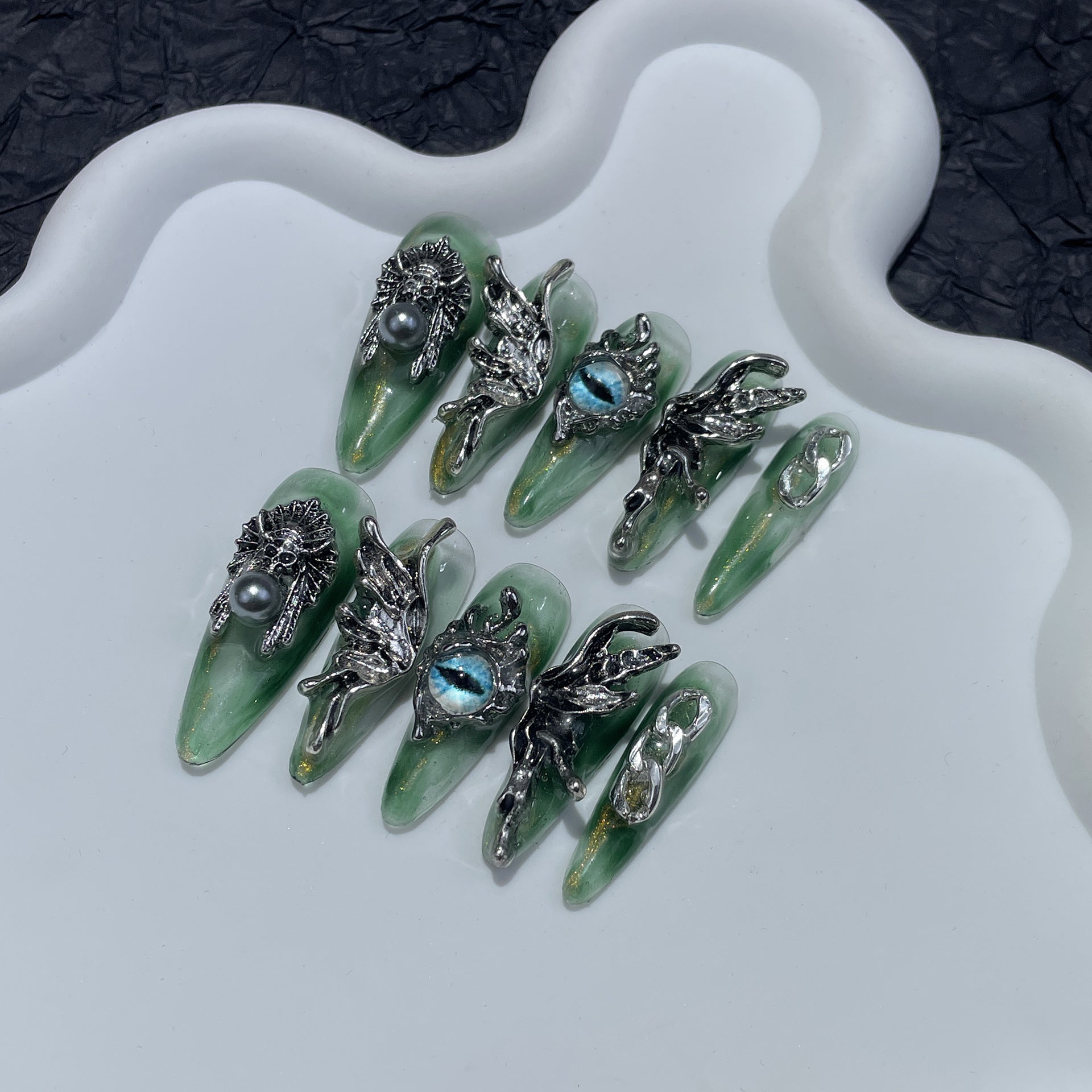 Uñas postizas artesanales de alta calidad, con diseño de alas líquidas, ojo de ángel, parches largos, adhesivos para uñas usables | 365nails