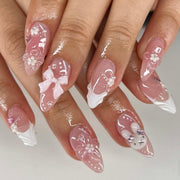 Long Almond Press On Nails with Pink Base & White Bunny & Bow & Floral Accents