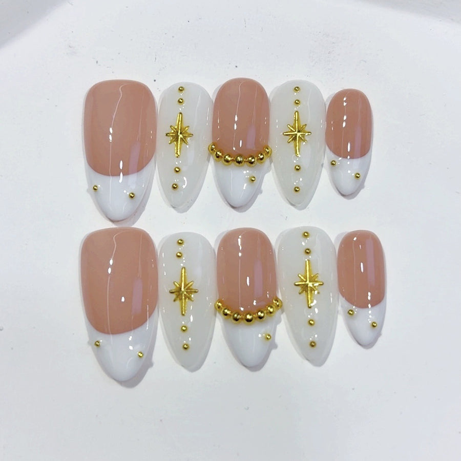 Celestial French: "Gold Star French" – Almond Shape Handmade Press-Ons